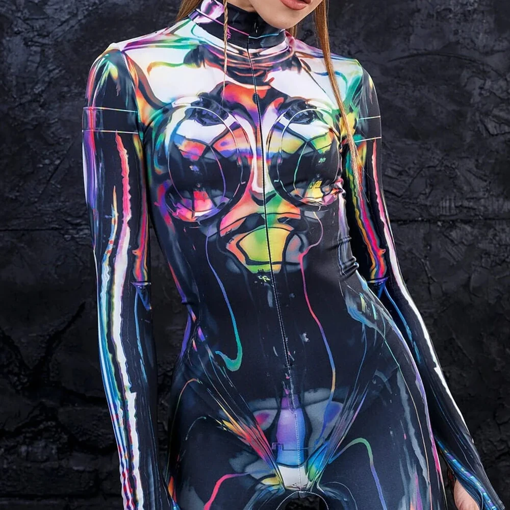 Halloween Color Print Mode Bodysuit Film Held Vakantie Jumpsuit Zentai Nauwsluitend Grappig Volwassen Cosplay Kostuum