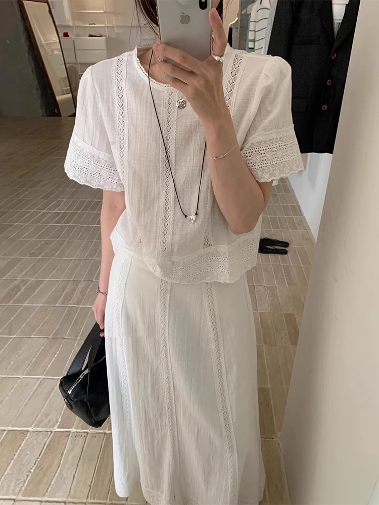 

Liaoliu Lace Splice ort Sve Women's Summer New Sweet High Waist A-Line Skirt Faionable Two-Piece Set for Young Women