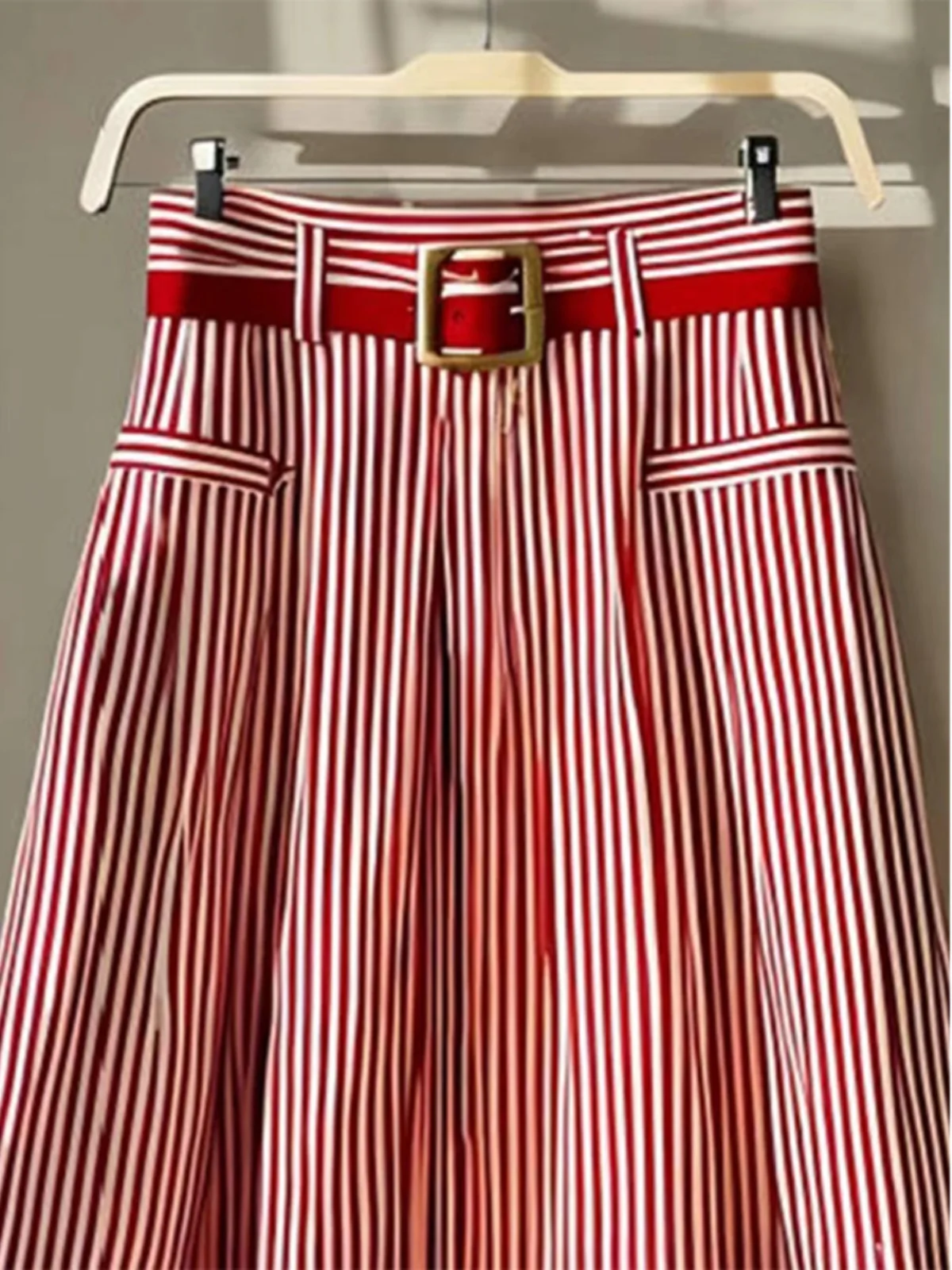 Red Vertical Striped Loose High Waist A-Line Midi Skirt Women's Early Autumn Forest System Artistic Personali f-length S...