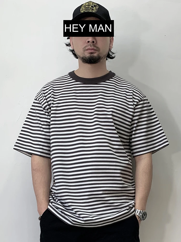 

Hey Man Summer Vintage Striped round Ne ort Sve T-irt Men's Loose Fit Base irt Sea Soul Trendy Cotton Breathable