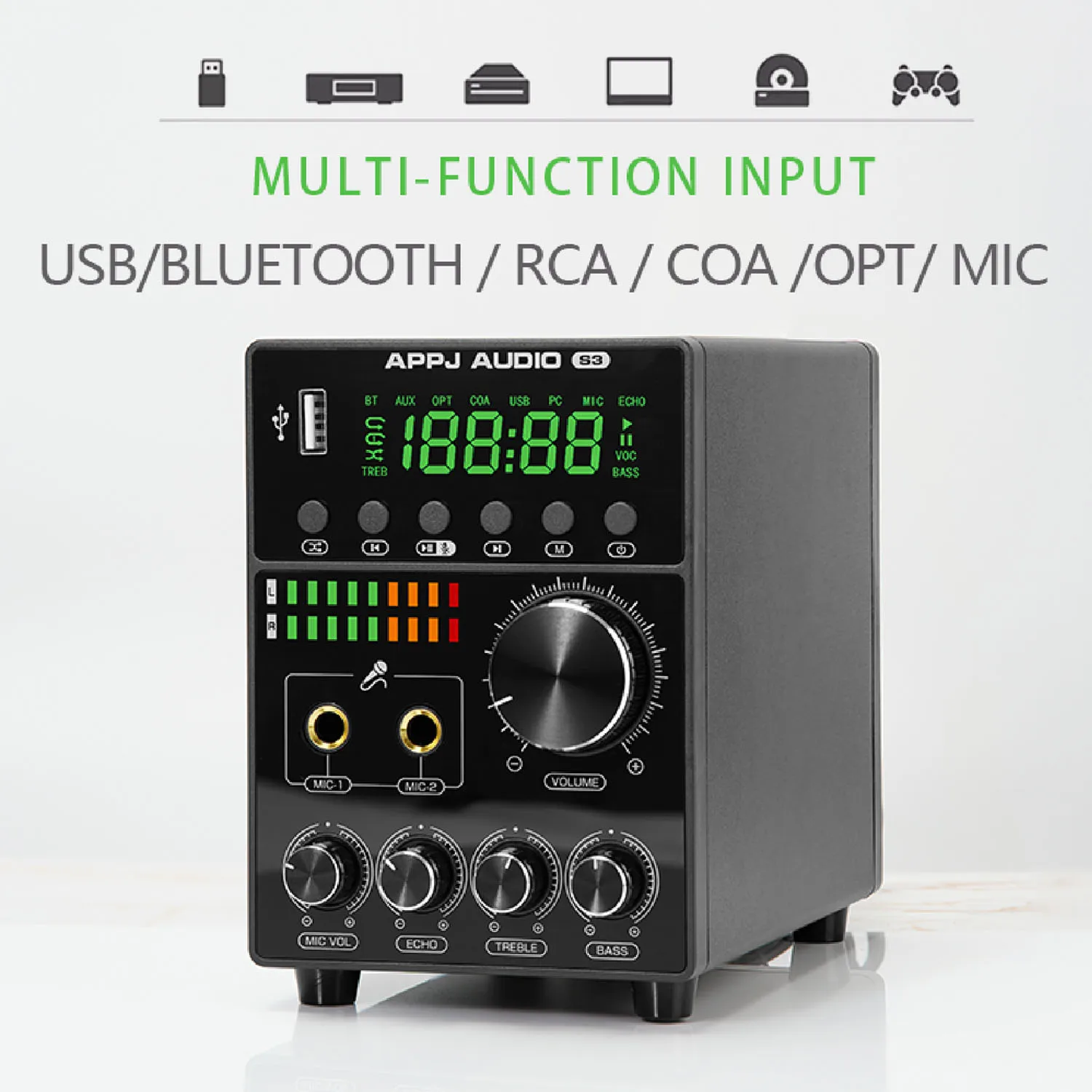 AMPLIFICADOR DE POTENCIA de Karaoke con micrófono Dual, Control de agudos y graves, Bluetooth 5,0, Ma12070, miniamplificador Digital de Audio para el hogar, USB/RCA/OPT/COA In