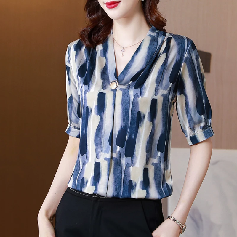 Summer Satin Women Shirt Print V-neck Vintage Blouse Women Fashion Silk Womens Tops and Blouses Casual Woman Elegant Top Shirts