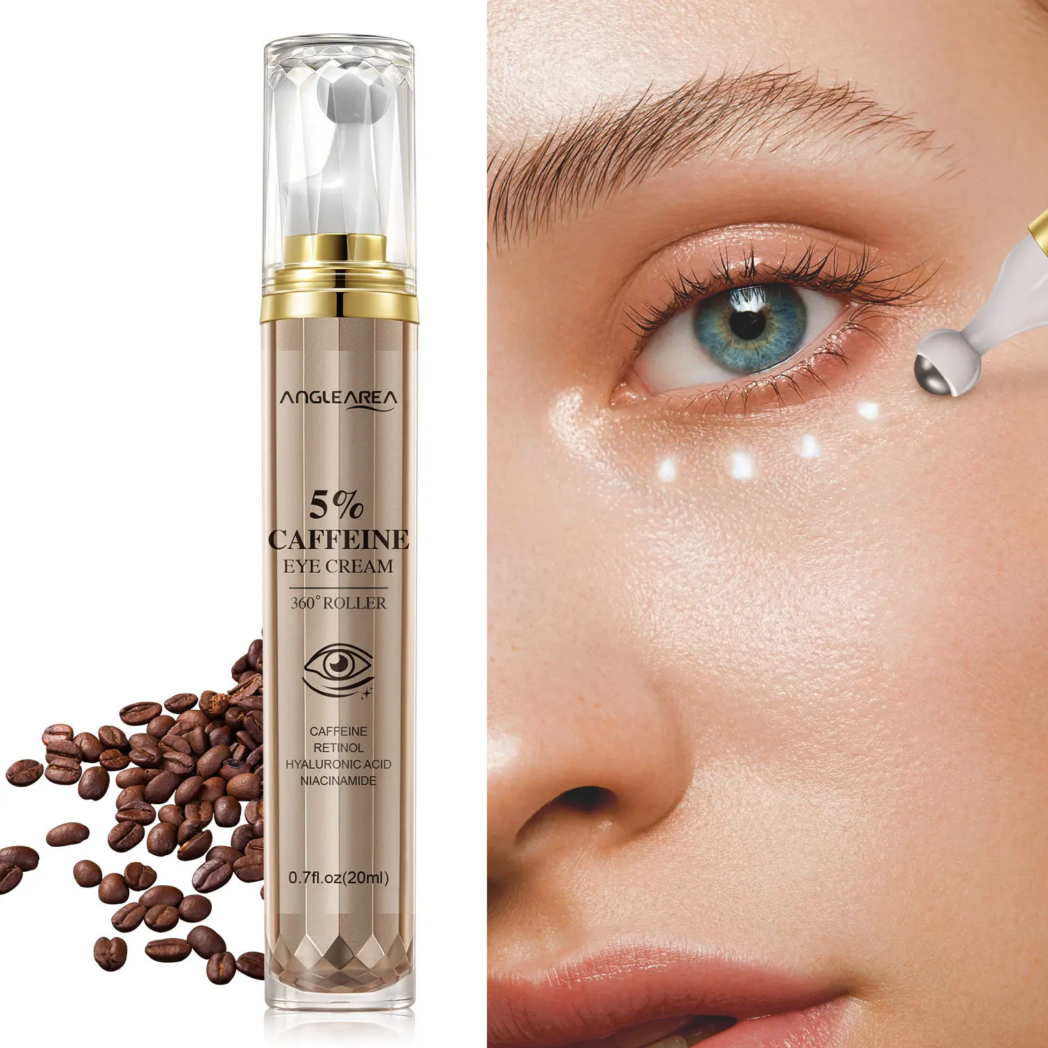 5% Caffeine Eye Cream 360° Roller Massage Ball for Puffy,Fine Lines,Dark Circles Wrinkles,Under eye Treatment Serum Women & Men