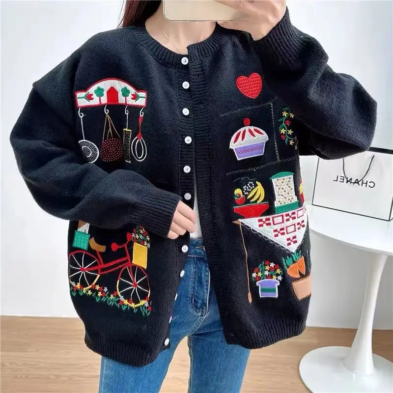 DAYIFUN Christmas Sweater Jackets Women Autumn Winter Retro Heavy Industry Embroidery Design Jumpers Lazy Style Knitted Cardigan