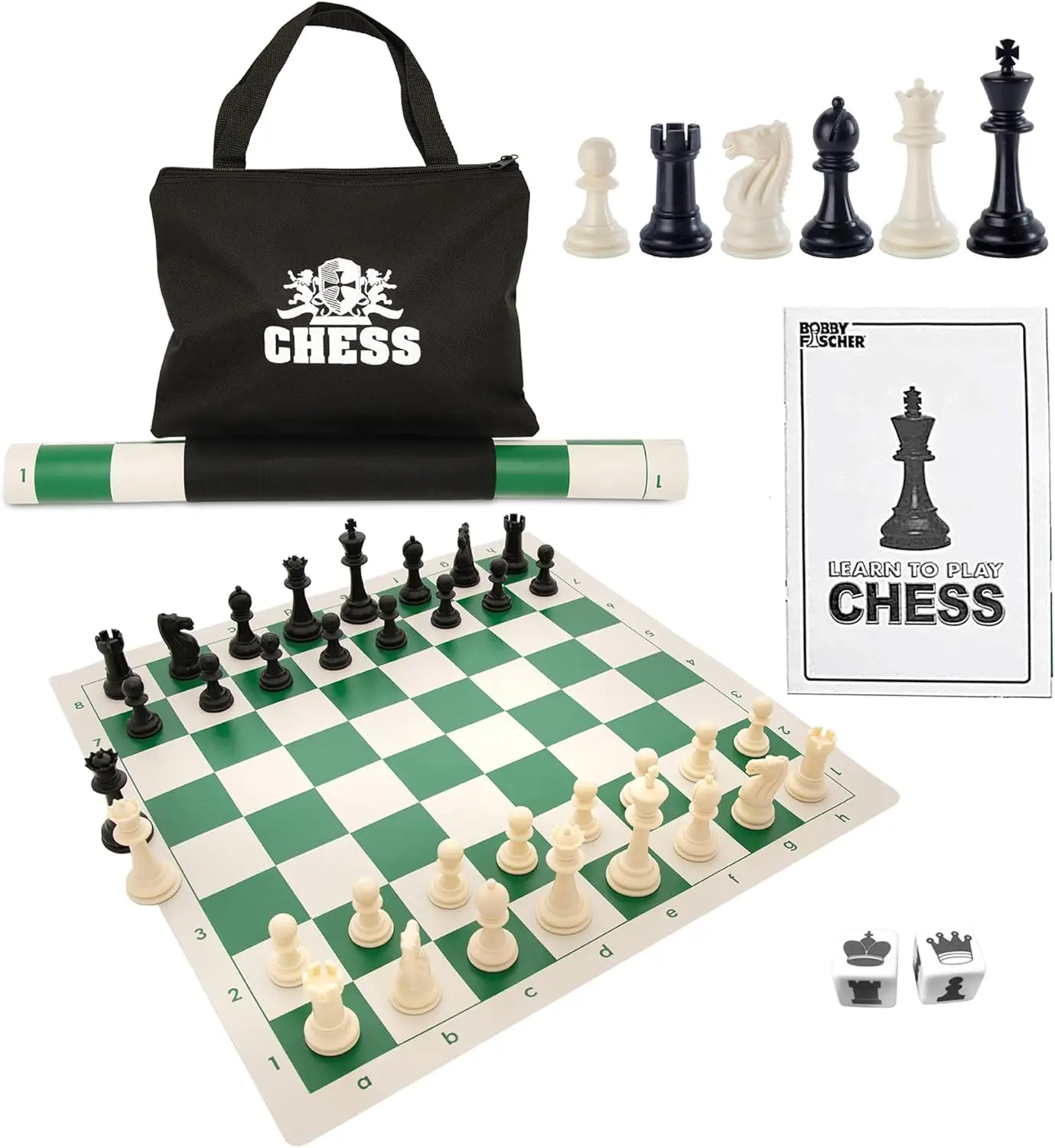

Tournament Chess Set: 34 Pieces, Roll-Up Board, Storage Bag & Equalizer Dice