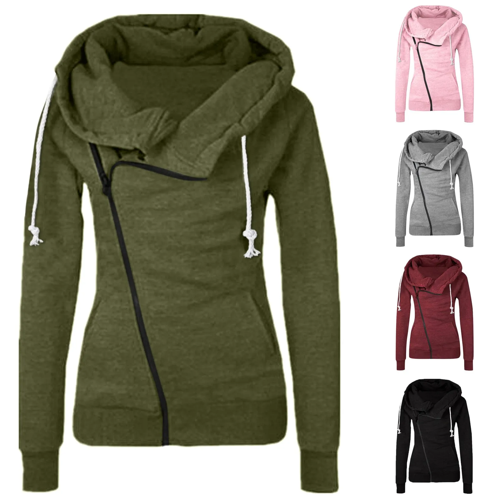 Sudadera con capucha de Color liso para mujer, abrigo informal de entrenamientos deportivos, jersey con cuello de bufanda y cremallera, Sudaderas de