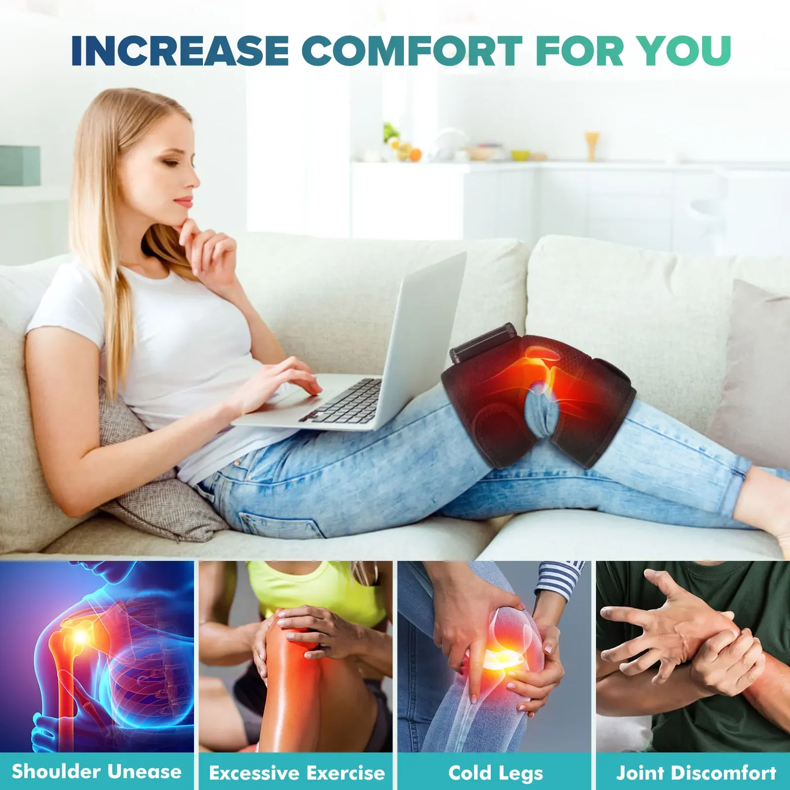 Heated Knee Massager with Vibration, 3 Heat Levels 45-65°C Cordless Knee Heating Pad, 4000mAh Rechargeable Knee Wrap with 2 Straps for Men Women
