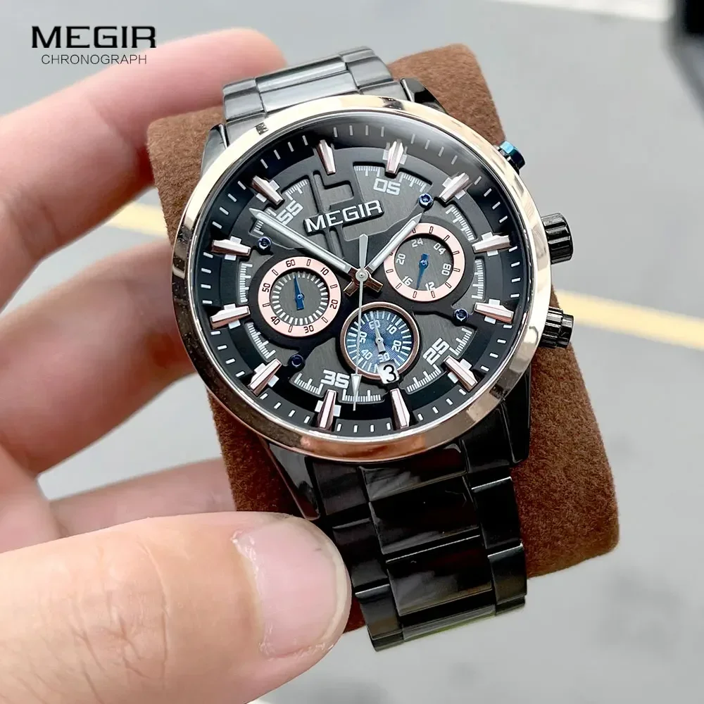 MEGIR Formal Dress Watch Men Luminous Chronograph Quartz Wristwatch with Stainless Steel Strap Auto Date 24-hour Black Rose Gold