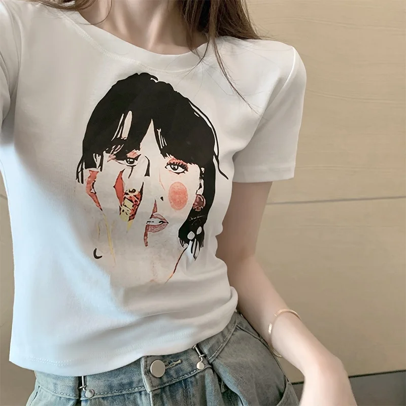 Retro American Short Sleeve T-Shirt Women's Fashionable Spicy Girl Short Style Versatile Printed Top Summer Korean Style roun...