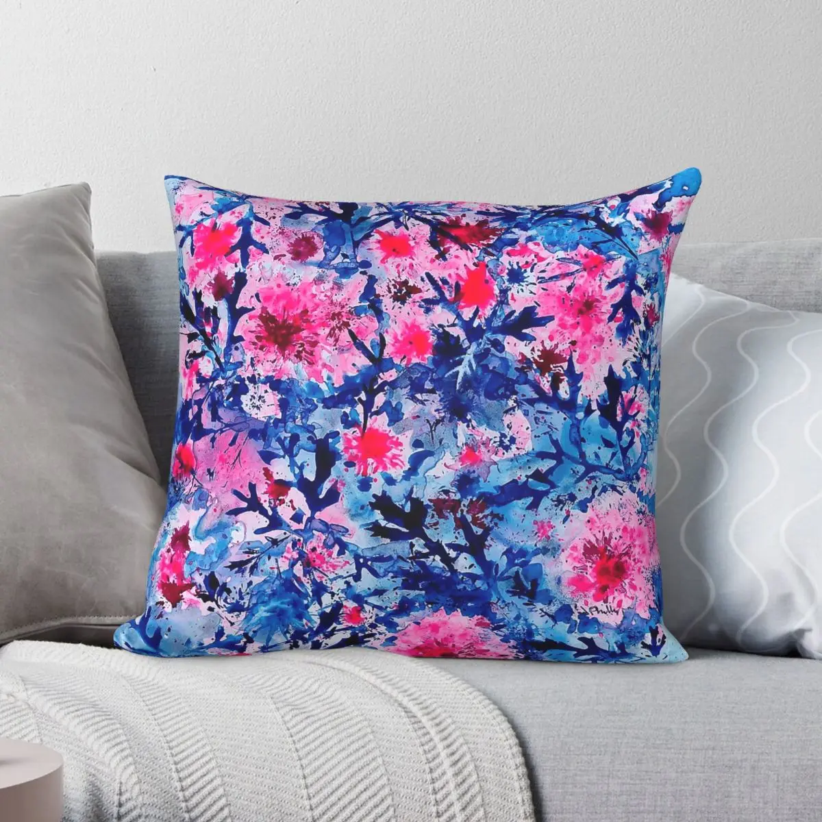 Blue Leaves Pink Daisies Square Pillowcase Polyester Linen Velvet Printed Zip Decorative Pillow Case Home Cushion Case