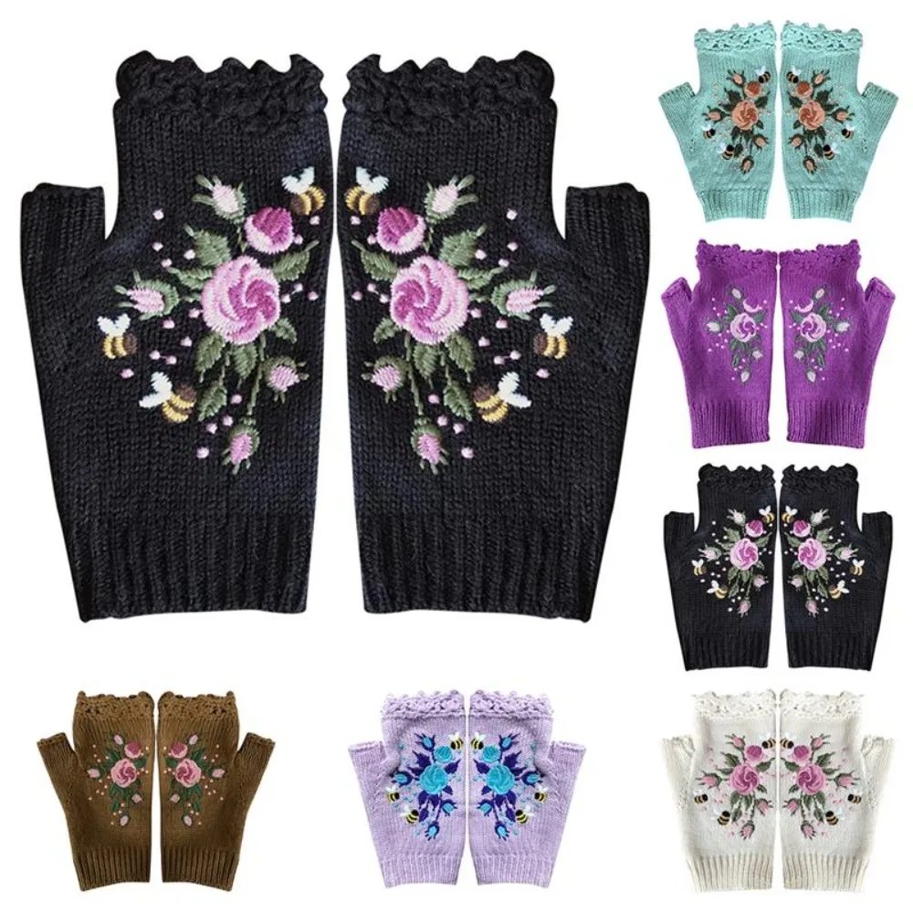 Comfortable Floral Bee Embroidery Knitted Fingerless Gloves Keep Warm Thumb Holes Fingerless Gloves Flower Mittens Winter