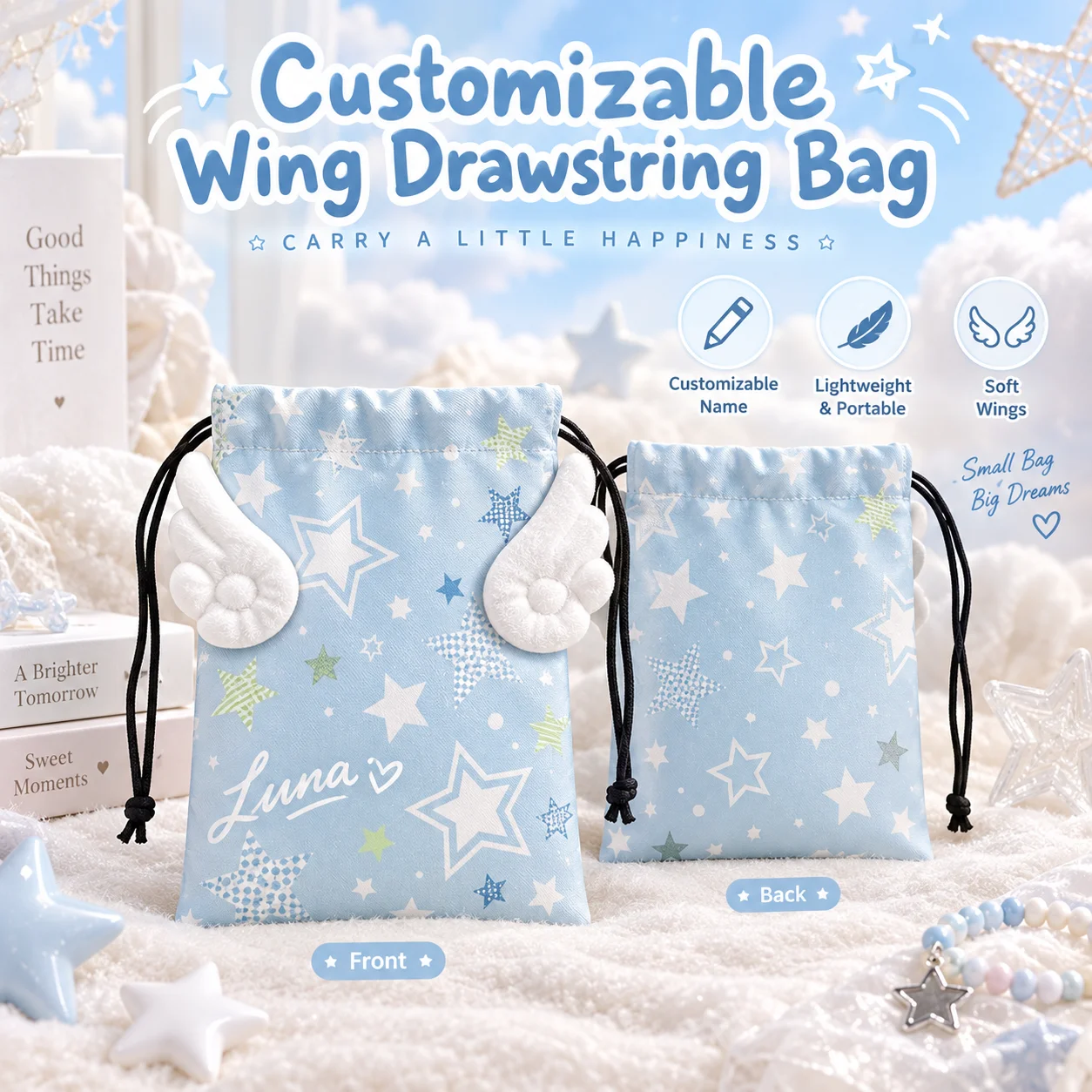 Custom Drawstring Bag Wing Style Polyester Fabric Personalized Drawstring Bag for Birthday Party Gift Candy Treat Storage Decor