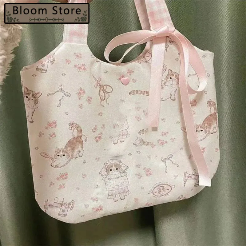 

Bloom Fairy Core Floral Cat Print Shoulder Bags Y2k Women Haruku Bow Canvas Female Underarm Bag Purse Bolsos De Mujer
