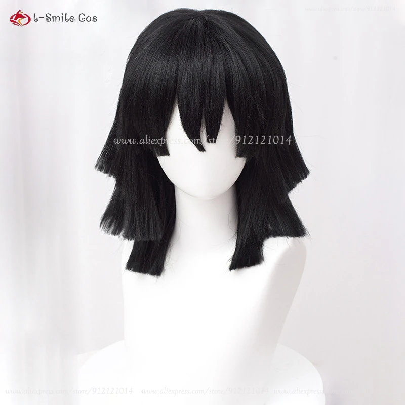Anime Iguro Obanai Cosplay Wig 40cm Short Black Styled Layered Wigs Heat Resistant Synthetic Hair Halloween Wig + Wig Cap