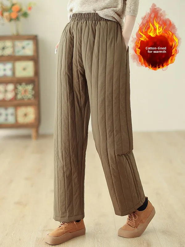 

Retro Sle Warm Cotton Trousers Straight Leg Casual Wear Autumn Winter plus Size Women's Outerwear Comfortable Non-Bulky