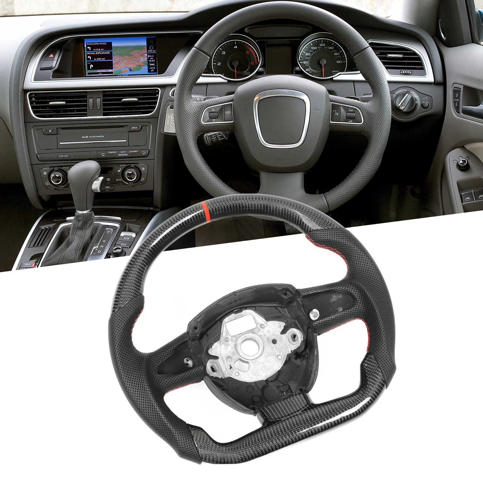 Carbon Fiber Steering Wheel Perforated Leather Red Stitching Fit for A4 S4 A5 S5 RS5 B8 A6 S6 C6 A8 S8 D3