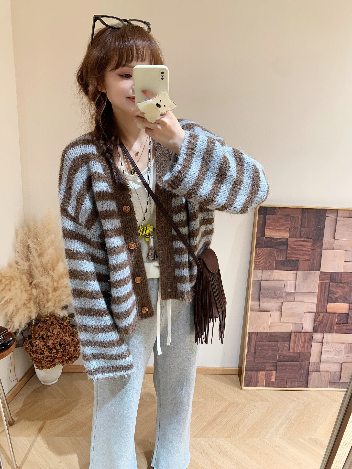 

Осенне-зимний женский свободный вязаный кардиган с V-образным вырезом, в полоску, с цветовыми блоками, повседневный, из полиэстера, укороченный