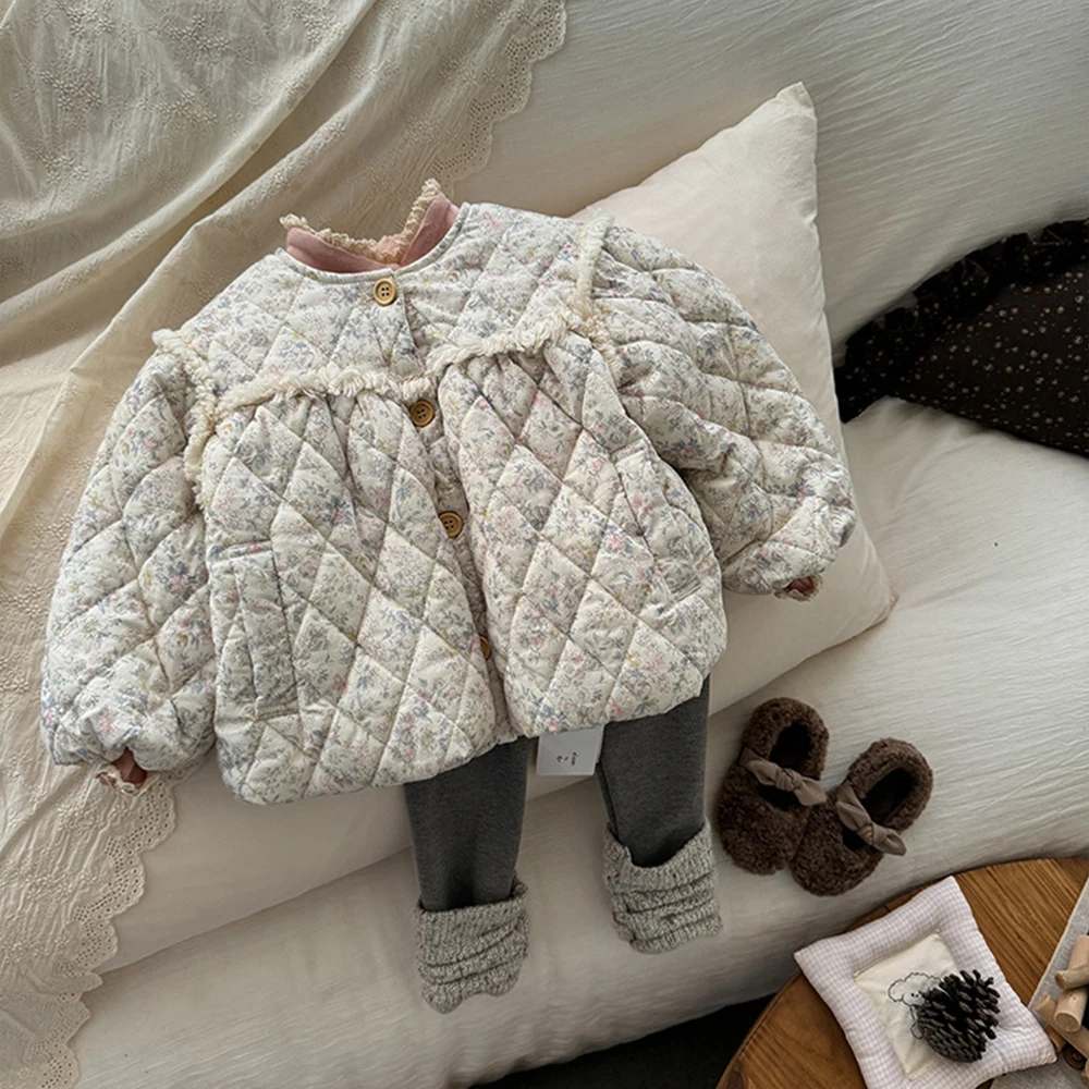 

Girls Thick Warm Cotton Coat Winter Padded Jackets Kids Floral Print Long Sleeve One Breasted Outerwear 2-8Y Child Thermal Parka