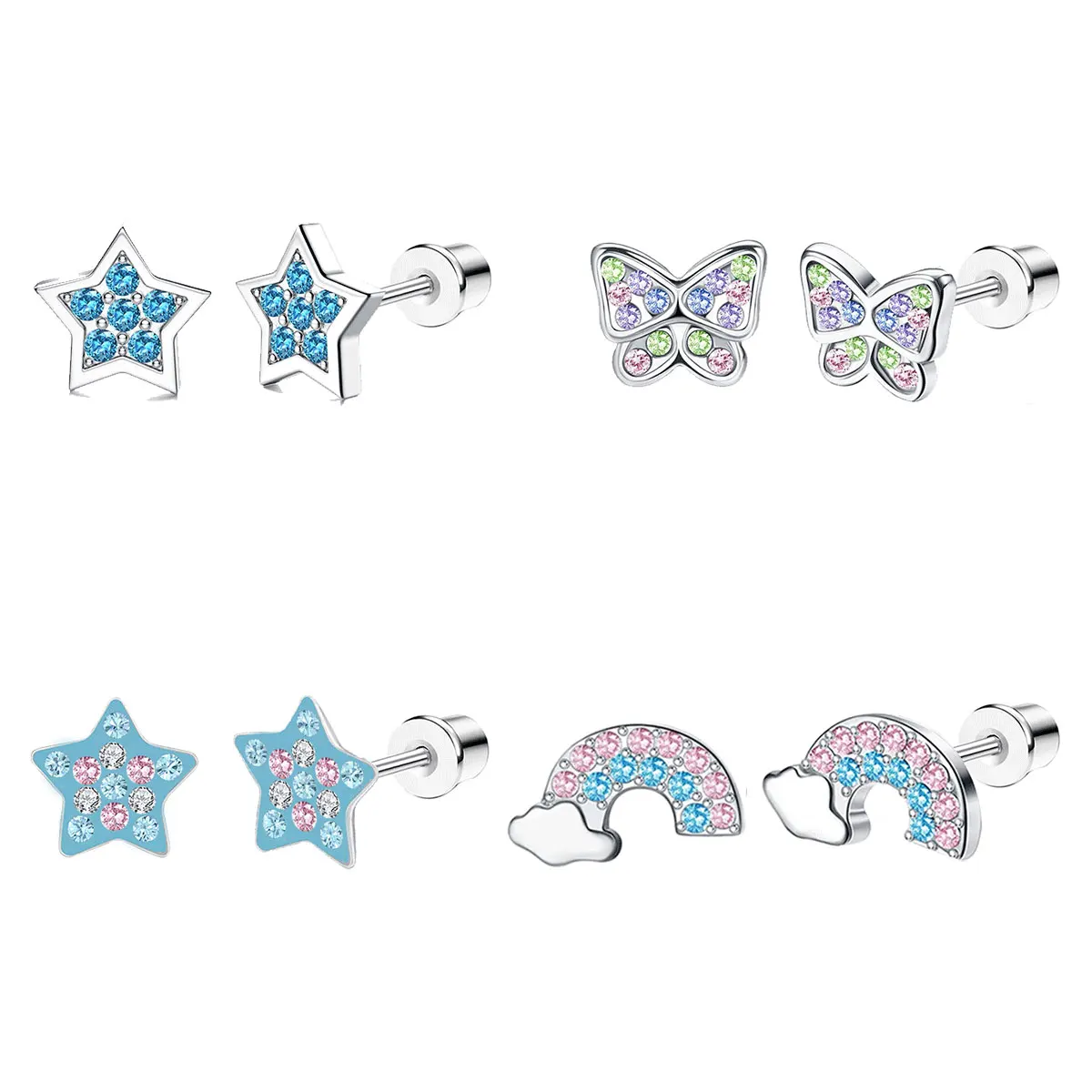 4 pairs of stylish stud earrings for ladies and girls, stainless steel star/Rainbow/butterfly perforated jewelry