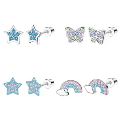 4 pairs of stylish stud earrings for ladies and girls, stainless steel star/Rainbow/butterfly perforated jewelry