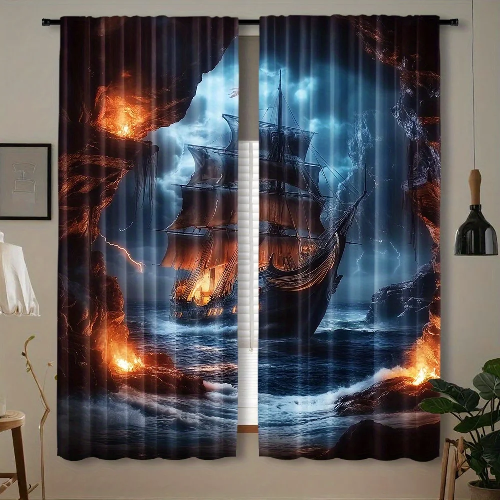 Pirate Ship Curtains, Fantasy Ocean Storm Print Blackout Drapes, Adventure Theme Decor for Boys Bedroom Living Room Window