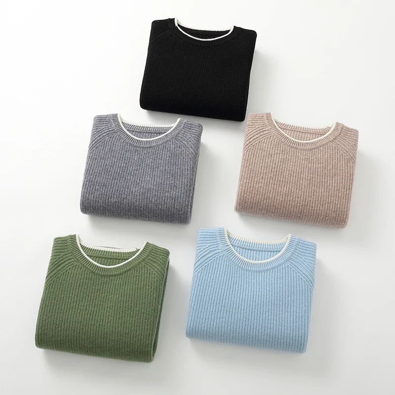 

100% pure wool men's round neck pullover for autumn and winter new knitted warm sweater color blocked business casual top