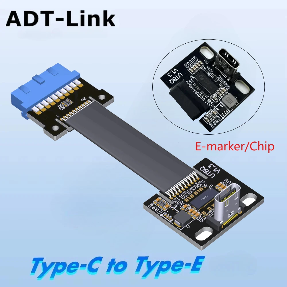 USB 3.0 Type-C Female To Internal Mainboard Type-E Male 19p/20P Blue Ribbon FPC Flat Extension Cable With IC ITX/ATX PC Extender