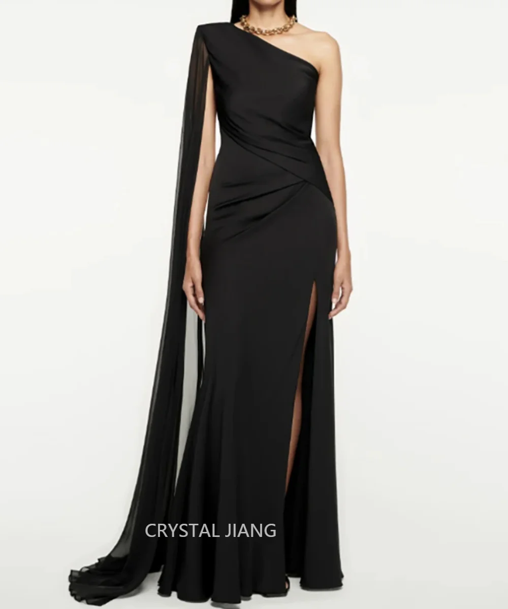 

Vintage Long Black One Shoulder Chiffon Evening Dresses Full Sleeves with Slit A Line Floor Length Vestidos De Fiesta