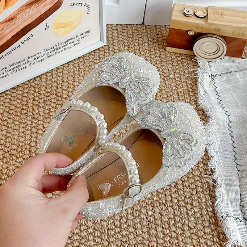 Mumoresip Children Perform Flat Shoes Luxury Sequins Girls Leather Shoes Princess Rhinestone Wedding Party Kids Mary Jane Shoes
