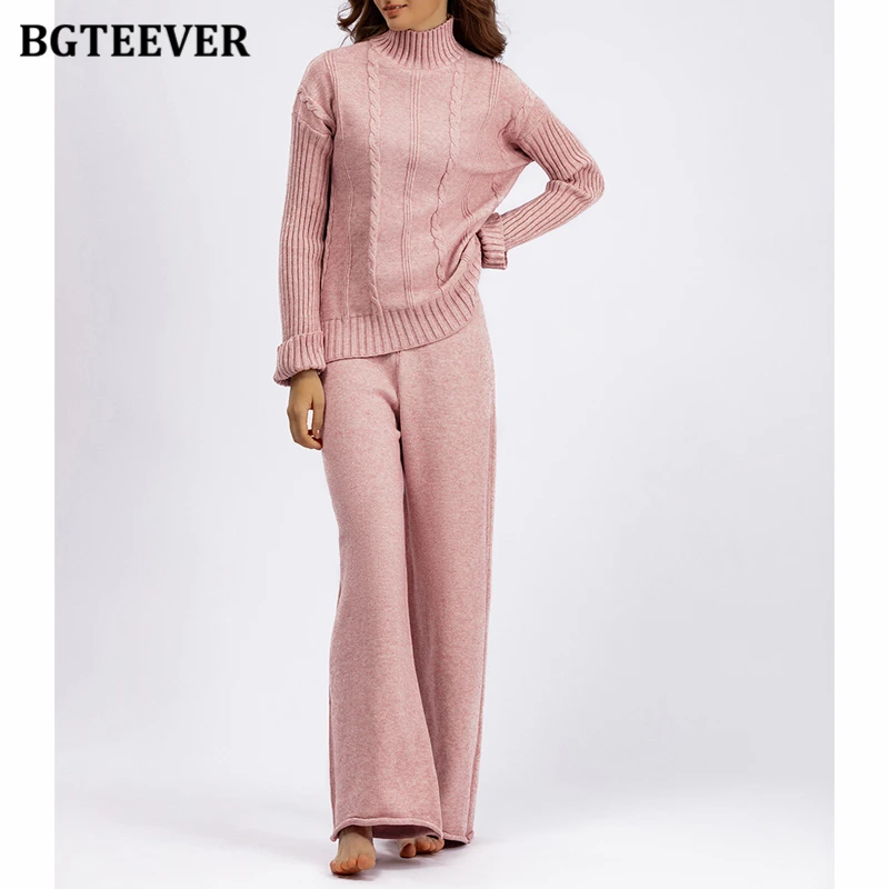 BGTEEVER Winter Thicken Warm Ladies 2 Pieces Knitted Set Half High Collar Sweaters Women Wide Leg Pants Women Knitted Outfits