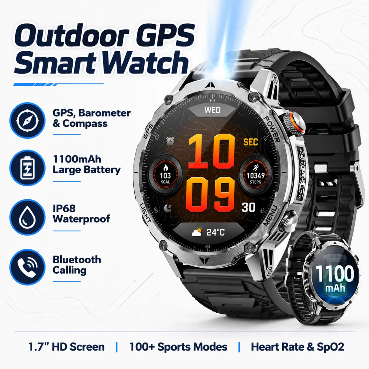 Montre Connectée GPS Homme Écran HD 1,7" Batterie 1100mAh Appel Bluetooth Étanche IP68 Baromètre Boussole Surveillance Cardiaque SpO2 100+ Modes Sport Montre Fitness Android IOS