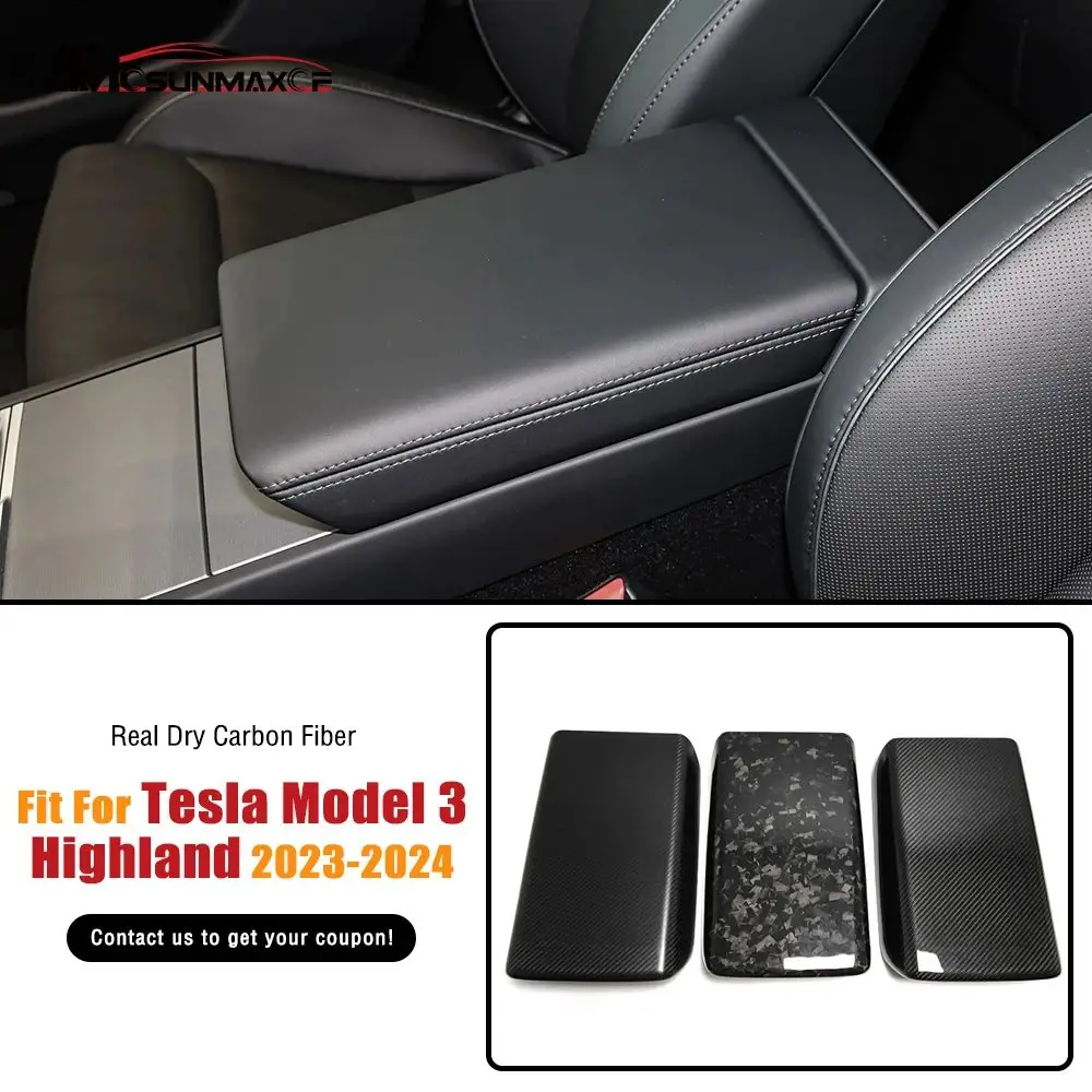 

Real Carbon Fiber Car Center Console Armrest Box Panel Protection Cover Interior Accessories for 2024 Tesla Model 3 Highland