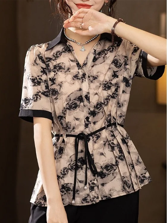 

Faionable Printed Loose ort Sve Women's irt Casual Sle Summer Top Quali Material Collar Button Closure