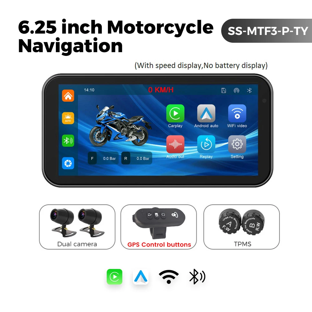 Draagbare 6,25 inch IP67 waterdichte motorfiets GPS-navigatie Draadloze Carplay Android Auto DVR Drive Recorder Moto Monitor WIFI