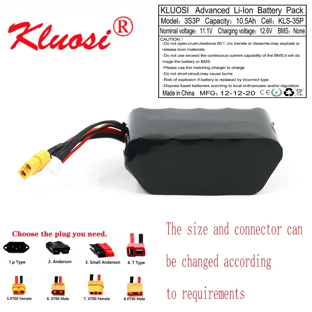 KLUOSI 3S3P 12V High Capacity Li-ion Battery 10.5Ah/10Ah/12.6V Rechargeable UAV Battery for Parrot Disco RC Airplane & Quadrotor