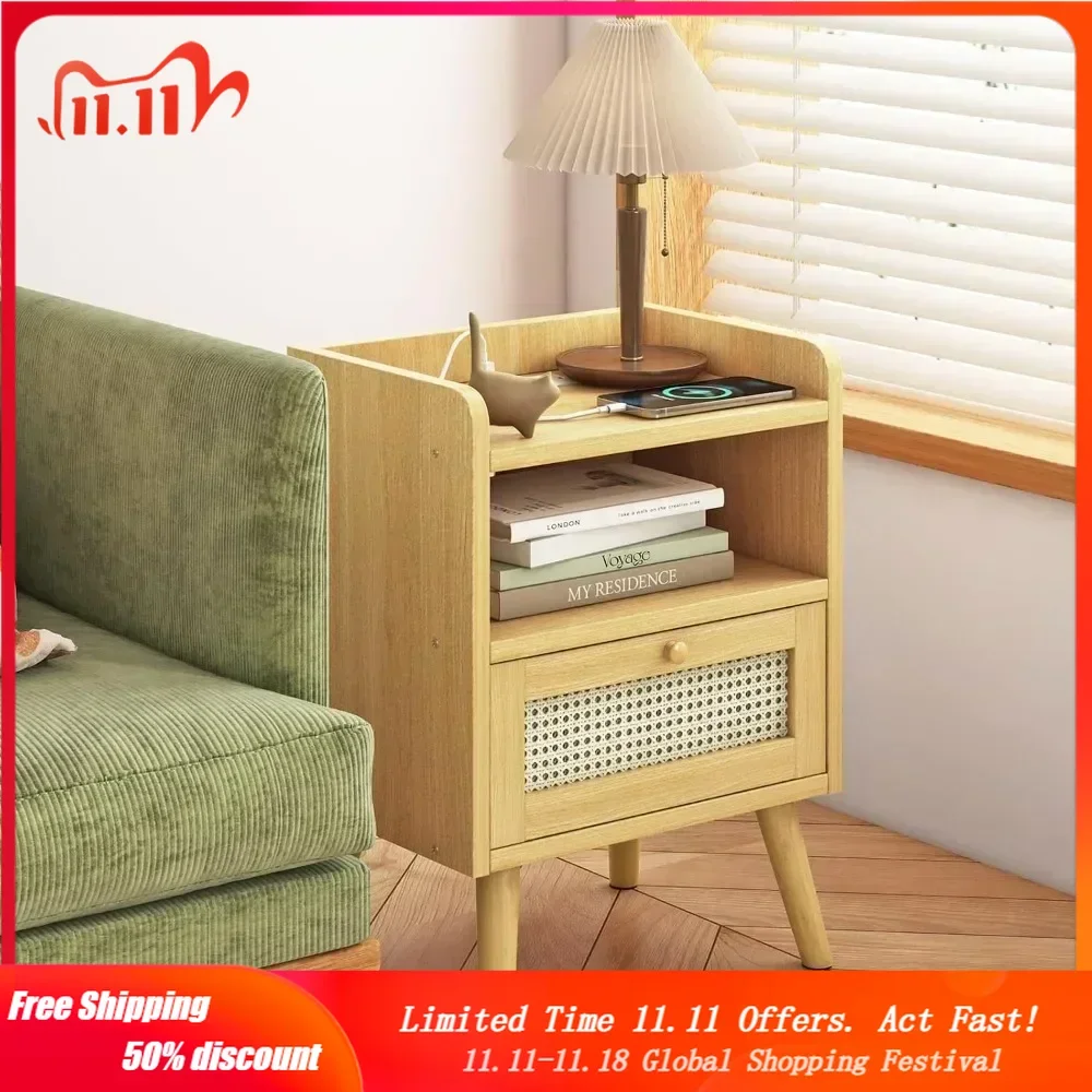 

Nightstands Set of 1 with Charging Staion, Night Stand with Rattan Decor Drawer, Open Storage Side Table Bedside Table