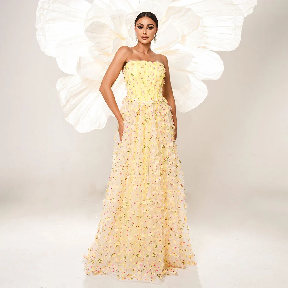 

Yellow Women Dresses High-quality sleeveless Temperament Straight Neckline Long Bridesmaid Mesh Swing Evening Party Dresses