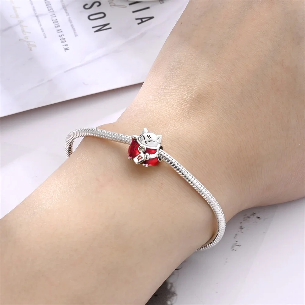 Interesting 925 Sterling Silver Word Shaker Fat Gold Coin Lucky Cat Charm Fit DIY Bracelet Necklaces Women's Party Accessories