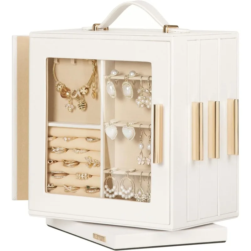 

Шкатулка для драгоценностей 360° ° Вращающийся органайзер для ожерелья и сережек с прозрачным окном, зеркалом, 7 ящиков