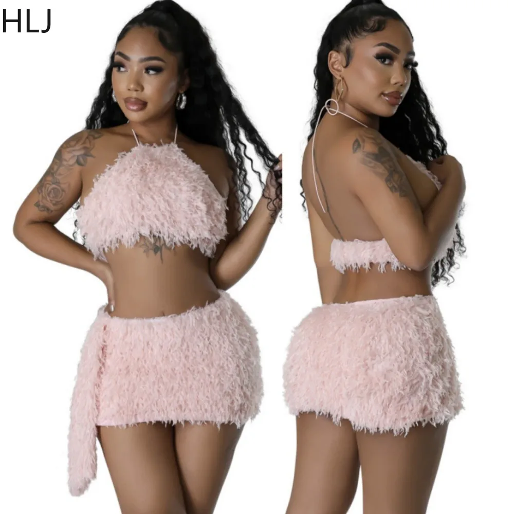 

HLJ Fashion Hairy Mini Skirts Two Piece Sets Women Halter Backless Crop Top And Skirts Outfits Sexy Lady Party Nightclub Clothes