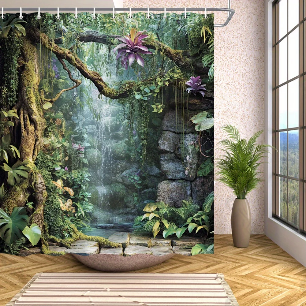 Rainforest Shower Curtain Tropical Jungle Waterfall Print Waterproof Fabric Bathroom Curtains with Hooks Nature Home Decor