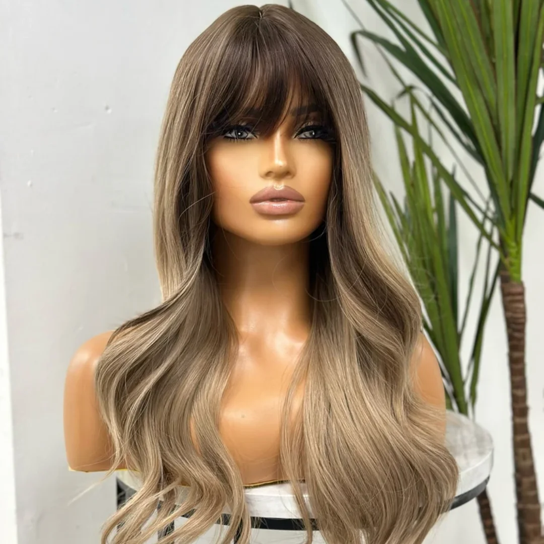 

Synthetic Wig With Bangs Ombre Brown Wig Body Wave Wig High Temperature Fiber Glueless Easy Wear For Women Use