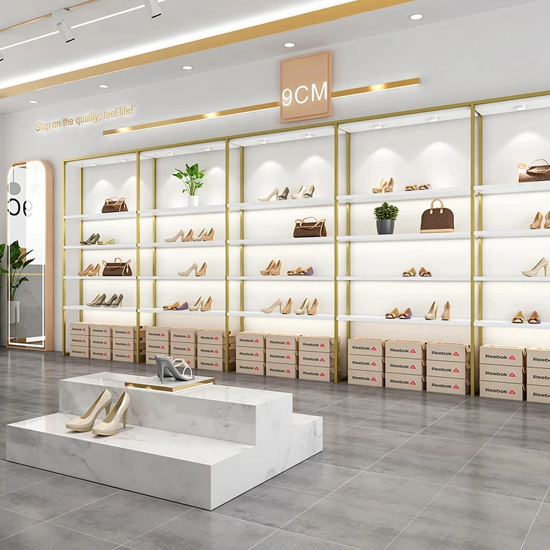 custom.Best Selling 5 Tier Metal Wall Mounted Gold Shoes Display Shoe Shelf Decorative Shelving Shoes Display Rack