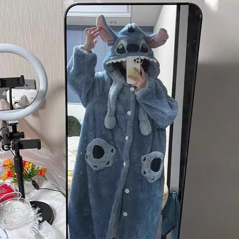 Disney Lilo & Stitch Stitch Women Pajamas New Cartoon Hooded Winter Nightwear Thick Coral Velvet Kawaii Couple Sleepwear Clothes