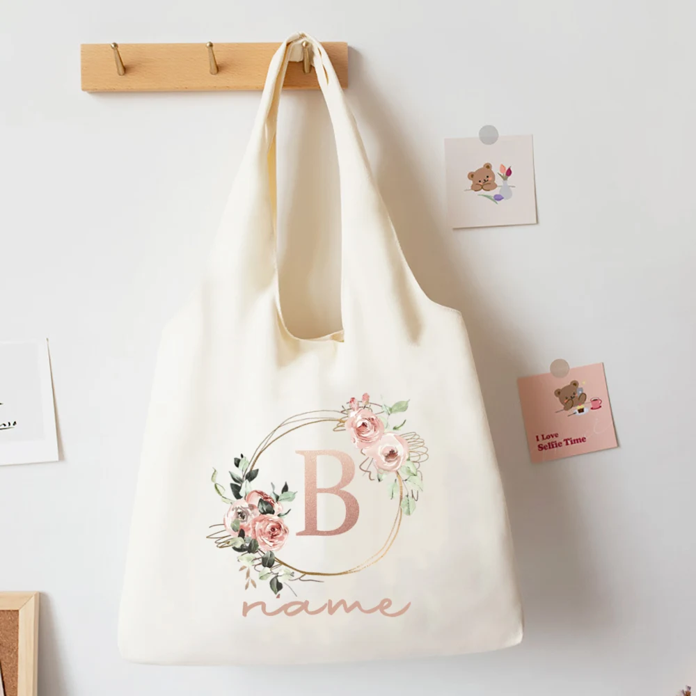 Custom Name Floral Alphabet Print Tote Bag Personalize Canvas Portable Large Capacity Handbags The Christmas Birthday Best Gifts