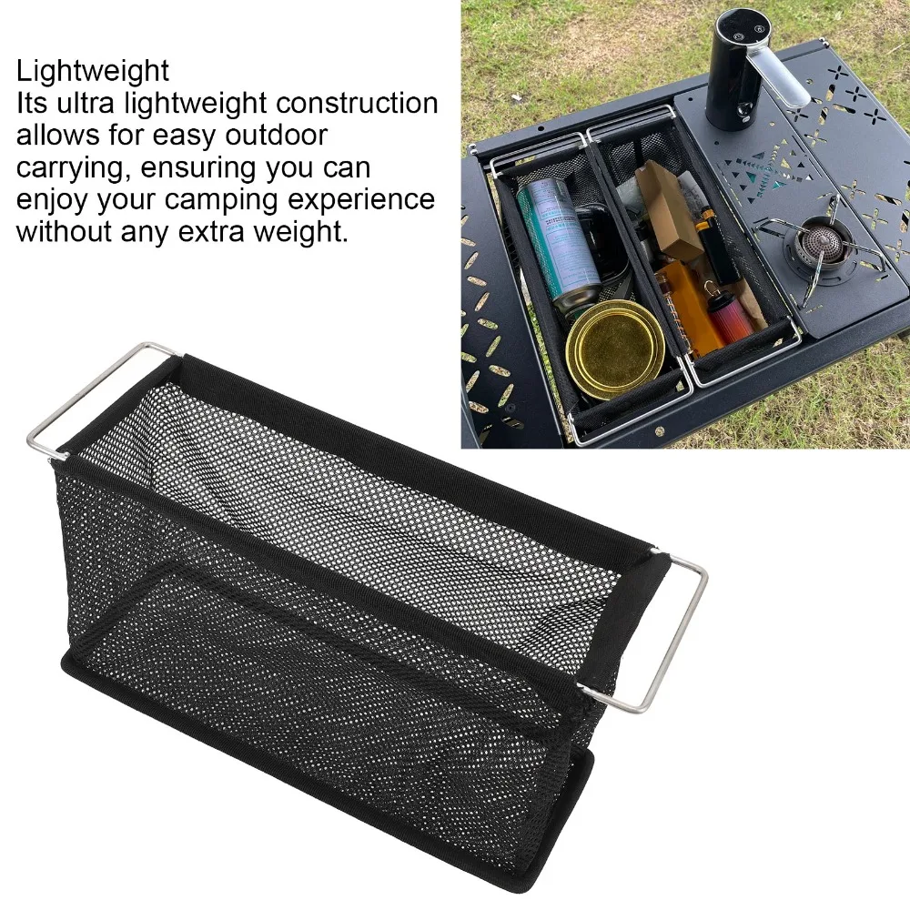 Durable Lightweight Camping Table Storage Pouch Mesh Black Folding Mesh Basket Hanging Organizer BBQ Events