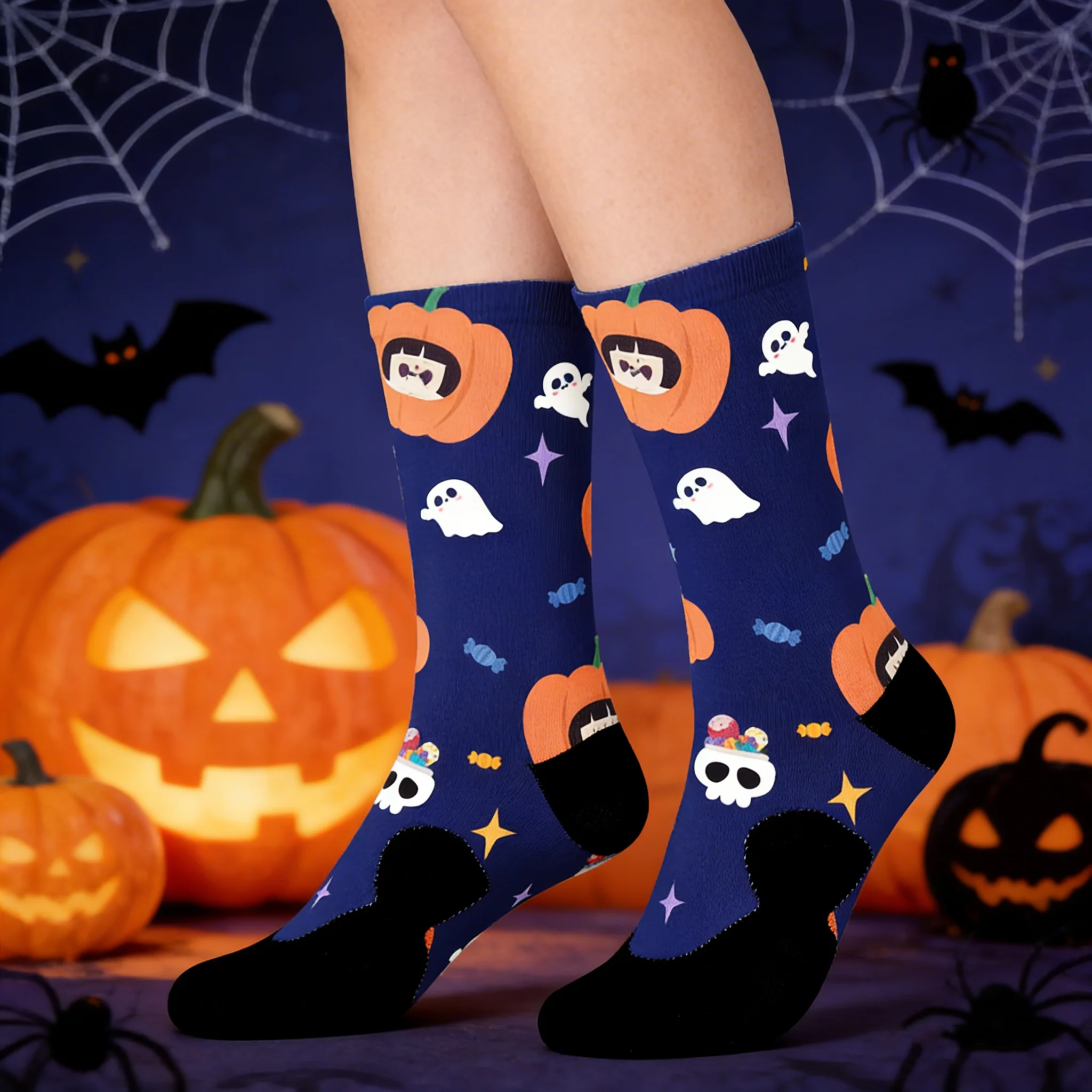 

Креативные носки для косплея на Хэллоуин для пар – длинные носки в стиле хип-хоп Харадзюку с узором «костяная паутина», унисекс, тематика скейтборда