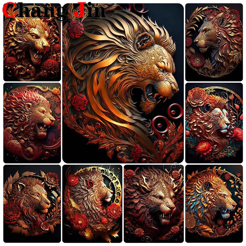 5D Diy Diamond Painting Gold Lion And Flowers Cross Stitch Animal Head Diamond Art Embroidery Mosaic Home Decoration Gifts