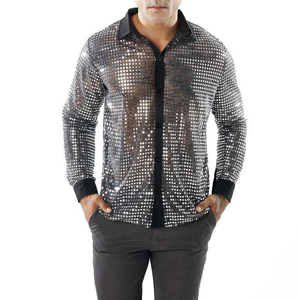 Men\'s Fashion Sparkly Sequins Party Dance Shirts Retro 70s Disco Nightclub Shirt Tops Single Breasted Performance Man Clothing