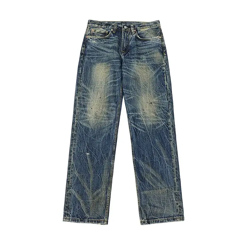

Тяжелые жесткие джинсы для мужчин, новинка 2026, свободные брюки прямого кроя с брызгами и потертые брюки из 100% хлопка в американском стиле ретро, уличная одежда